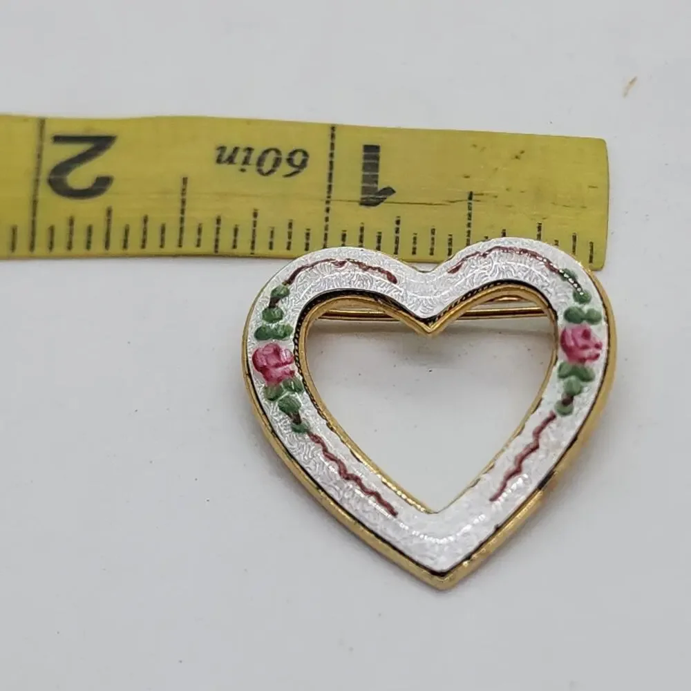 Vintage Heart Floral Enamel Brooch White Pink Rose Gold Tone Guilloche Style Pin